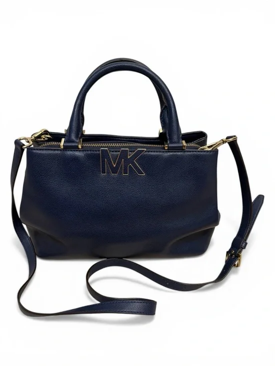 Michael Kors Navy Leather MK Logo Satchel with Crossbody Strap - Picture 1 of 9